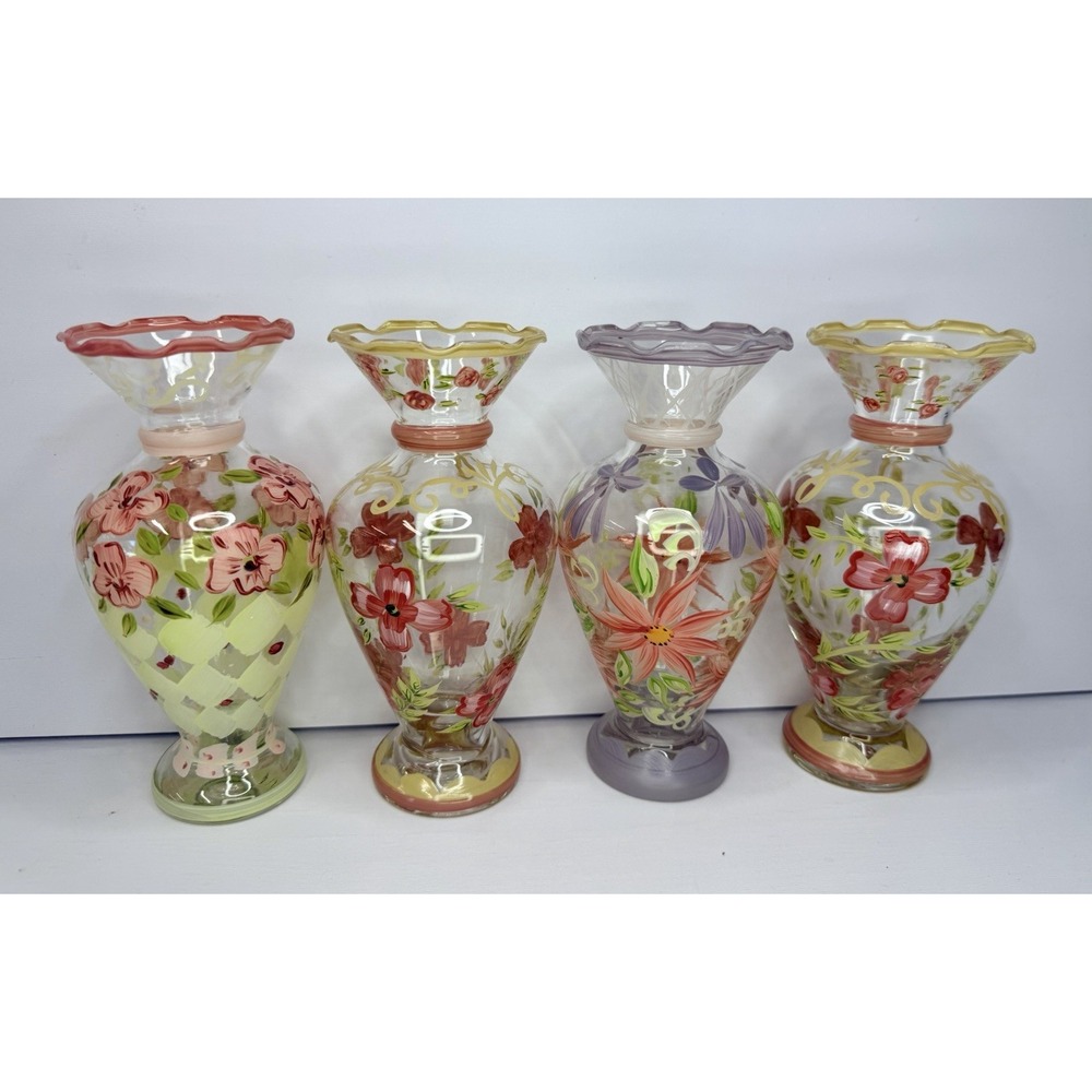 Lot of 4 Tracy Porter Glass Hand Painted Floral Bud Vases Ruffled Rim 6 1/2"